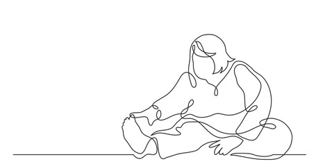 Obraz premium continuous line drawing vector illustration with FULLY EDITABLE STROKE of oversize woman doing stretch exercise confident with body positivity