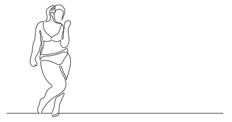 continuous line drawing vector illustration with FULLY EDITABLE STROKE of positive oversize woman in underwear standing cheering body positivity