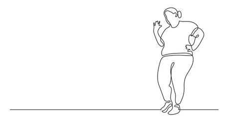 continuous line drawing vector illustration with FULLY EDITABLE STROKE of positive oversize woman standing confident in body positivity
