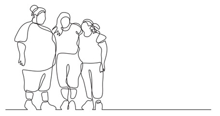 continuous line drawing vector illustration with FULLY EDITABLE STROKE of three confident oversize women standing celebrating body positivity