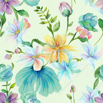 Seamless pattern of flowers and leaves in a pastel shade