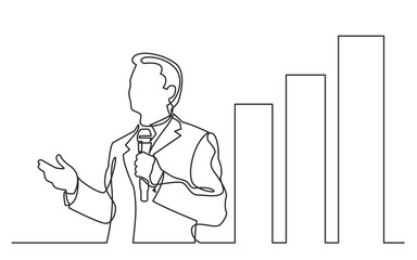 continuous line drawing vector illustration with FULLY EDITABLE STROKE of business coach presenting chart