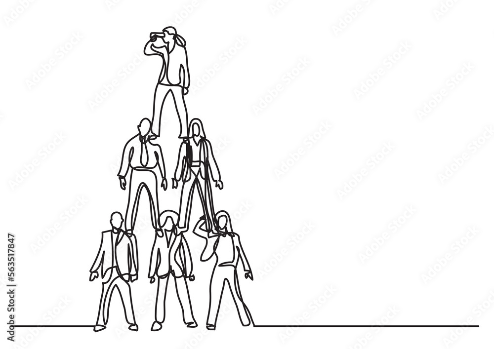 Poster continuous line drawing vector illustration with fully editable stroke of business team standing tog