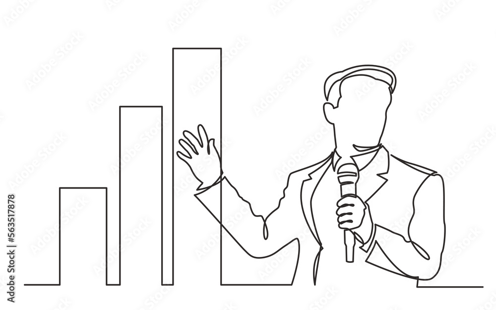 Poster continuous line drawing vector illustration with fully editable stroke of business trainer showing i