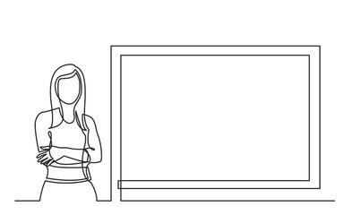 continuous line drawing vector illustration with FULLY EDITABLE STROKE of business trainer standing by screen