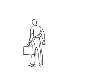 continuous line drawing vector illustration with FULLY EDITABLE STROKE of businessman standing facing hard choices