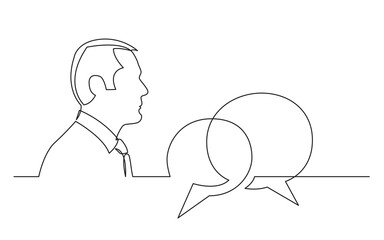 continuous line drawing vector illustration with FULLY EDITABLE STROKE of businessman thinking about opinions and feedback