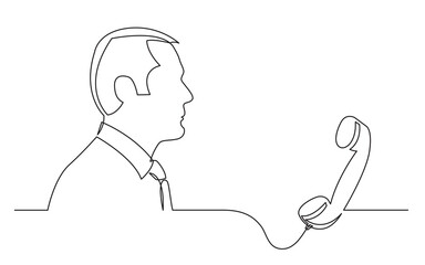 continuous line drawing vector illustration with FULLY EDITABLE STROKE of businessman thinking about phone calls