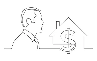 continuous line drawing vector illustration with FULLY EDITABLE STROKE of businessman thinking about real estate market investmen