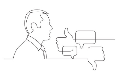 continuous line drawing vector illustration with FULLY EDITABLE STROKE of businessman thinking about social media business efficiency