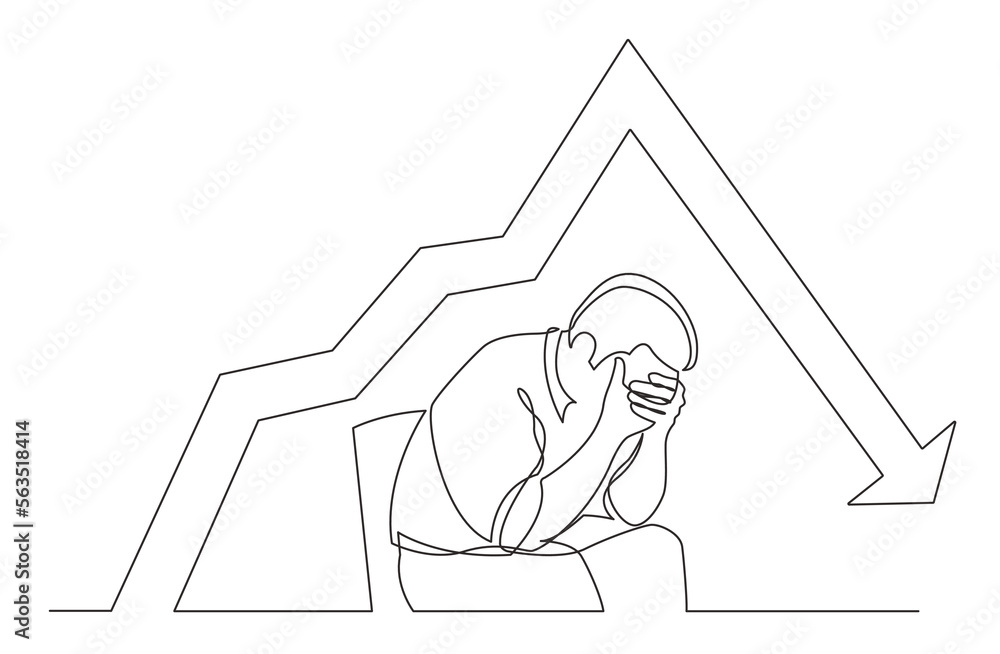 Poster continuous line drawing vector illustration with fully editable stroke of depressed man with declini