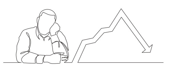 continuous line drawing vector illustration with FULLY EDITABLE STROKE of depressed man with declining graph