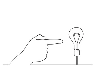 continuous line drawing vector illustration with FULLY EDITABLE STROKE of hand pointing at light bulb