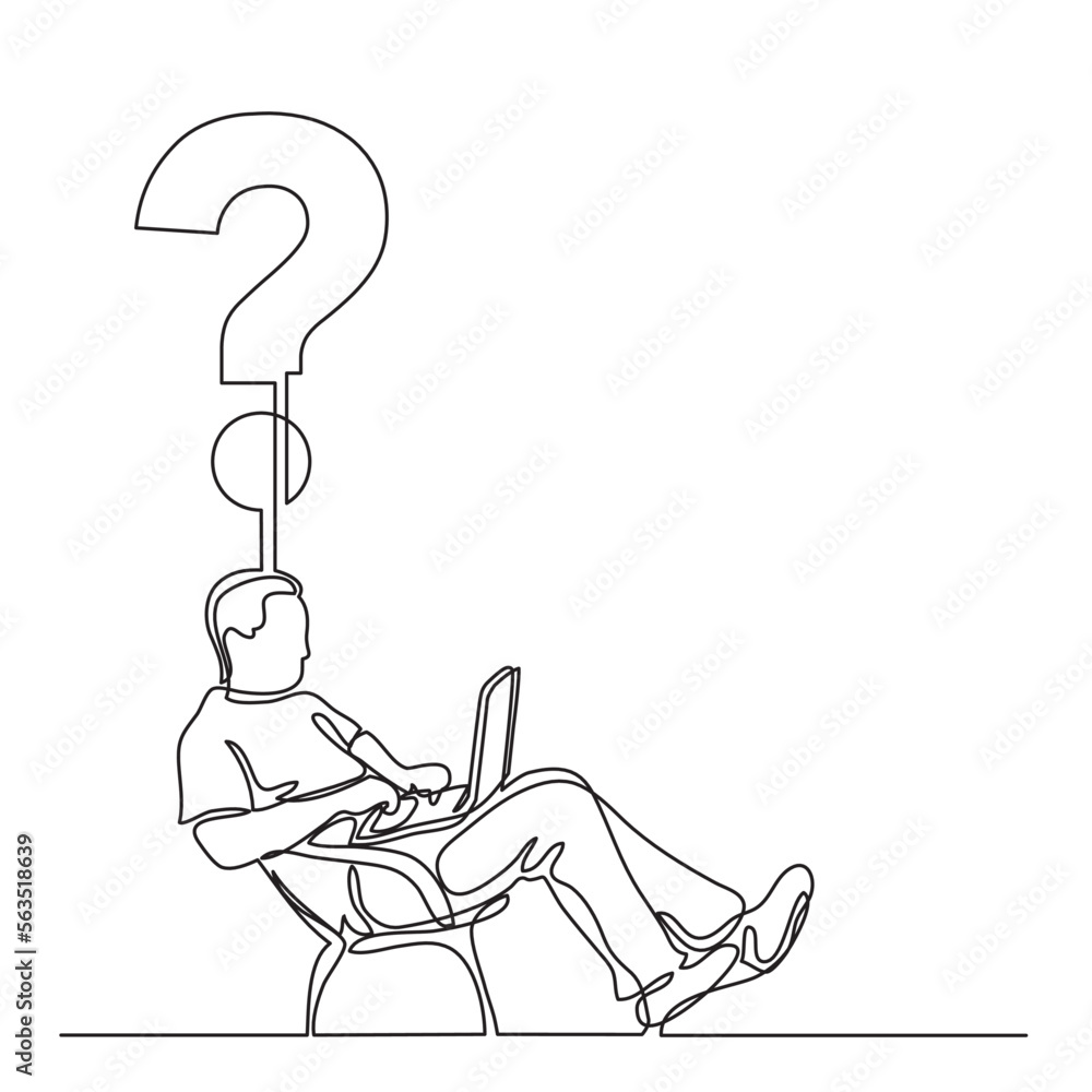 Wall mural continuous line drawing vector illustration with FULLY EDITABLE STROKE of man on laptop computer on question