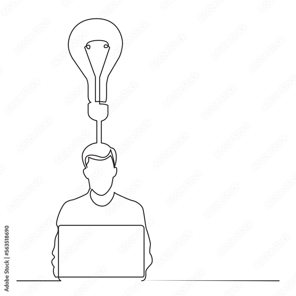 Poster continuous line drawing vector illustration with fully editable stroke of man sitting with laptop co