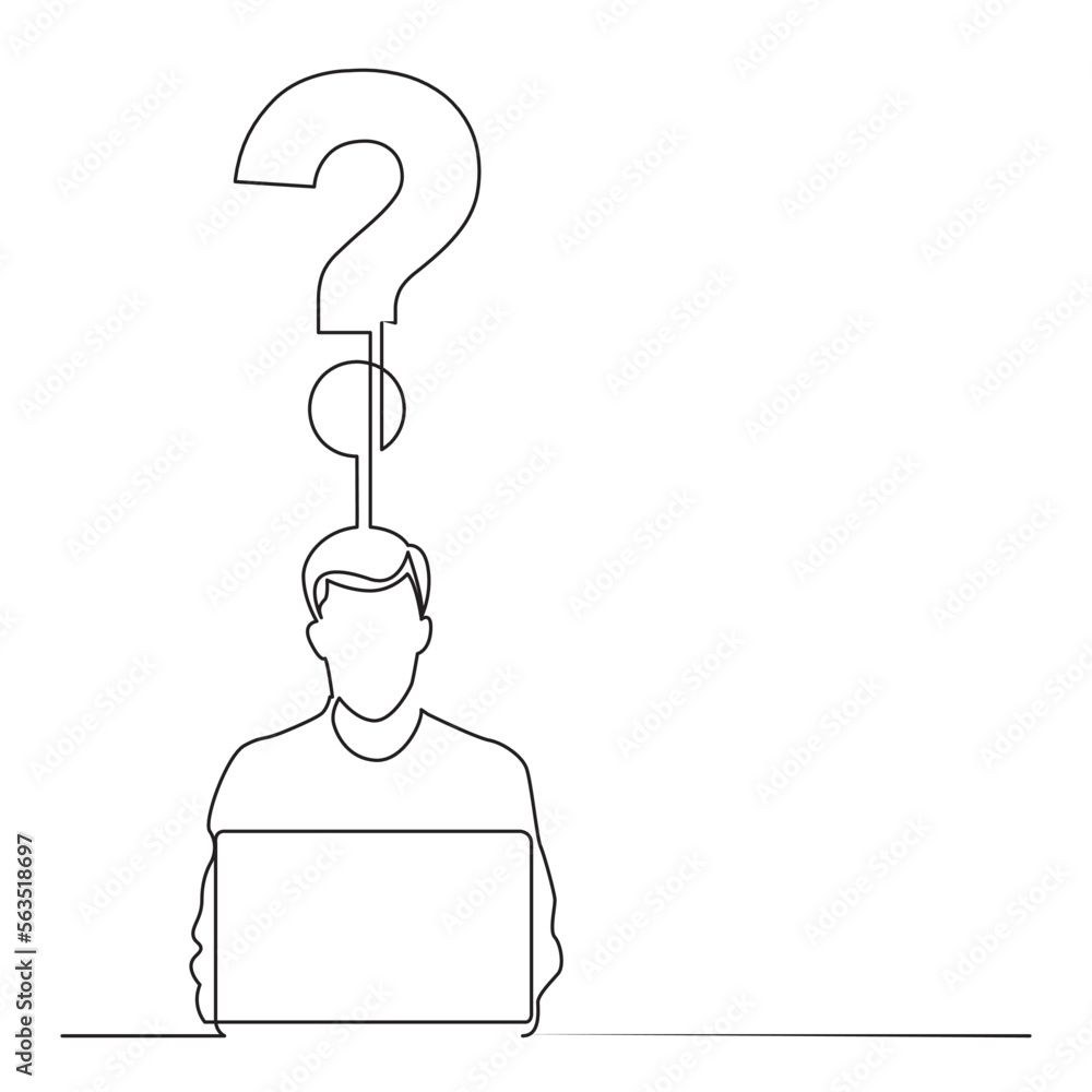 Poster continuous line drawing vector illustration with fully editable stroke of man sitting with laptop co