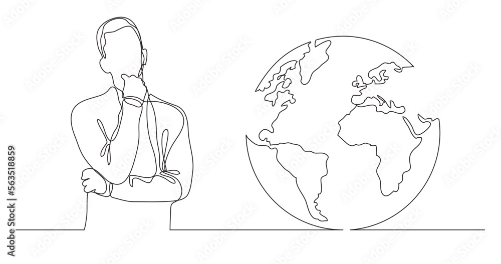 Poster continuous line drawing vector illustration with fully editable stroke of man thinking about global 