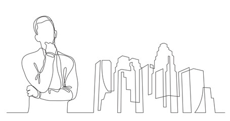 continuous line drawing vector illustration with FULLY EDITABLE STROKE of man thinking about big city
