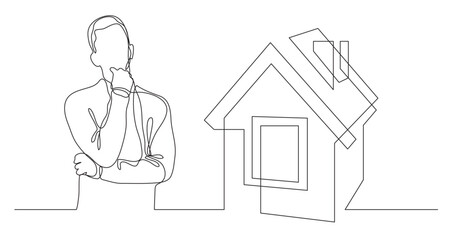 continuous line drawing vector illustration with FULLY EDITABLE STROKE of man thinking about buying house