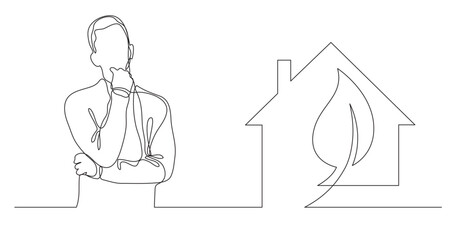 continuous line drawing vector illustration with FULLY EDITABLE STROKE of man thinking about green energy home