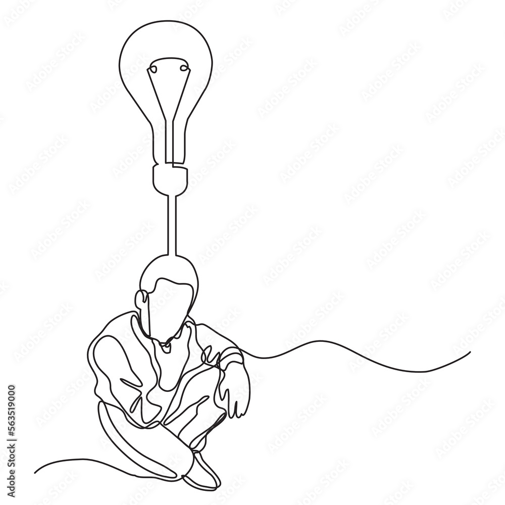 Poster continuous line drawing vector illustration with fully editable stroke of man thinking about idea