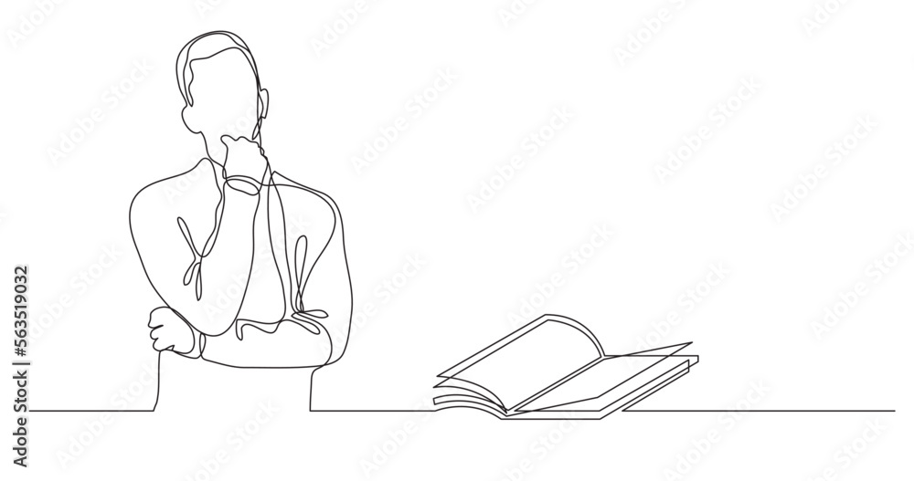 Poster continuous line drawing vector illustration with fully editable stroke of man thinking about interes