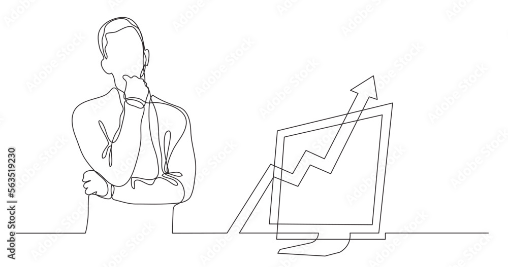 Poster continuous line drawing vector illustration with fully editable stroke of man thinking about work pr