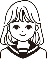 ミディアムヘアの女子学生のアイコン　モノクロ