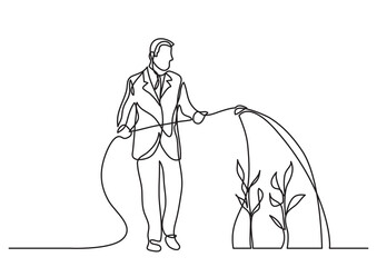 continuous line drawing vector illustration with FULLY EDITABLE STROKE of man watering plants of financial growth