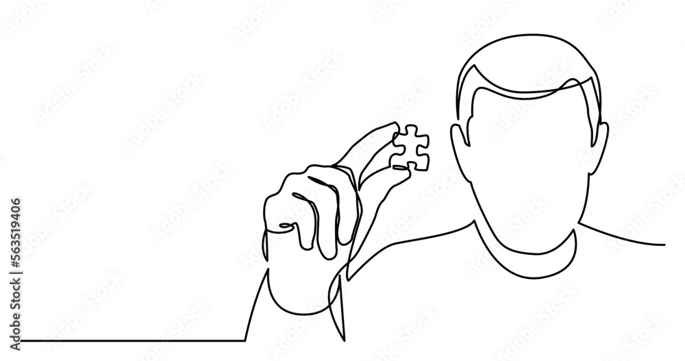 Poster continuous line drawing vector illustration with fully editable stroke of of man showing missed puzz