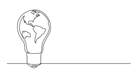 continuous line drawing vector illustration with FULLY EDITABLE STROKE of of planet earth as a light bulb