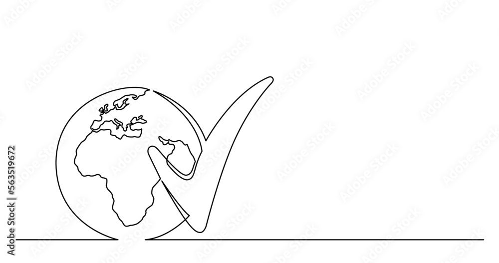 Poster continuous line drawing vector illustration with fully editable stroke of of world planet with check
