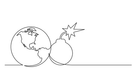 continuous line drawing vector illustration with FULLY EDITABLE STROKE of of world planet with bomb with firing fuze