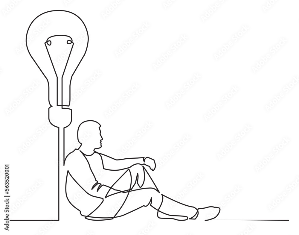 Poster continuous line drawing vector illustration with fully editable stroke of sitting man with idea