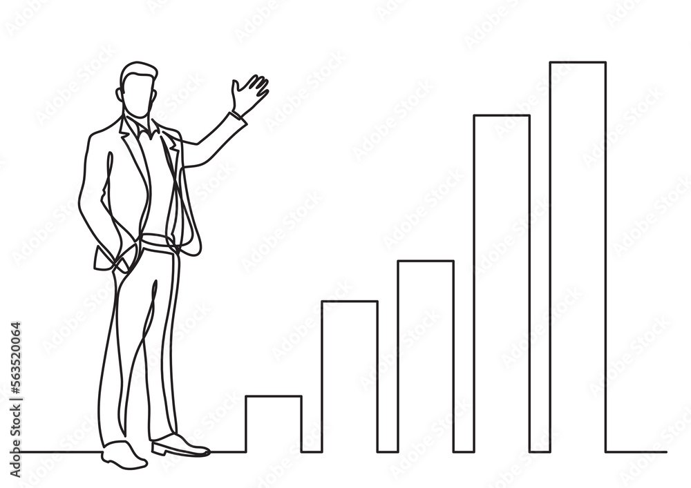 Poster continuous line drawing vector illustration with fully editable stroke of standing businessman prese