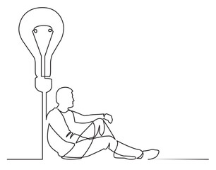 continuous line drawing vector illustration with FULLY EDITABLE STROKE of sitting man with idea
