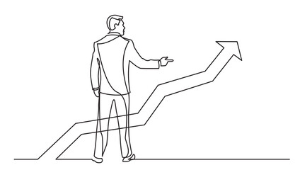 continuous line drawing vector illustration with FULLY EDITABLE STROKE of standing businessman pointing finger at rising chart