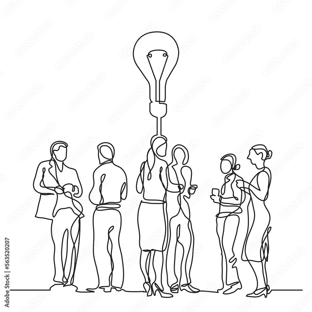 Poster continuous line drawing vector illustration with fully editable stroke of team discussion idea