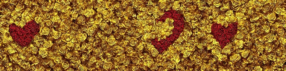 Gold hearts and roses - extra side banner created by Generative AI for web and print uses. romantic roses and valentines hearts in 24k gold