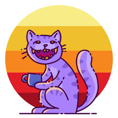 creepy smiling cat, coffee, and sunset