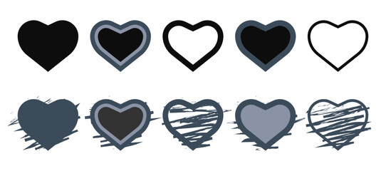 Heart flat hand drawn vector design in set with black color and different shapes