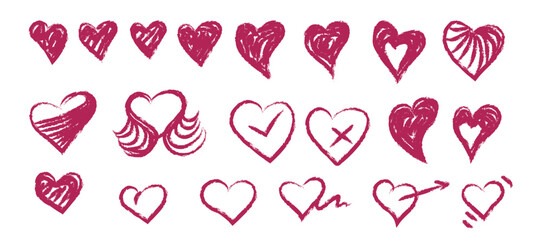 Heart flat hand drawn vector design in set with pink color and different shapes