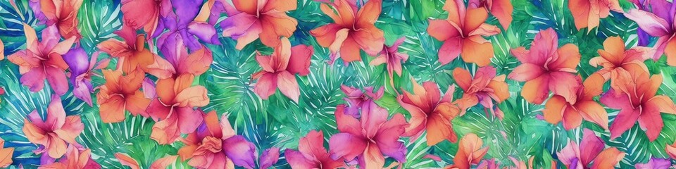 Obraz na płótnie Canvas Watercolor flowers - generative AI image of a beautiful watercolor banner with colorful tropical flowers