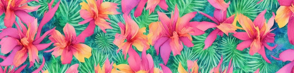 Watercolor flowers - generative AI image of a beautiful watercolor banner with colorful tropical flowers