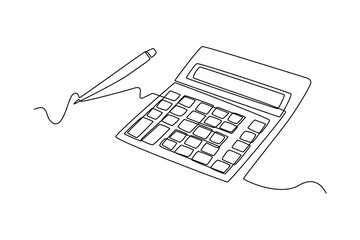 Continuous one line drawing calculator with pen. Budget planning concept. Single line draw design vector graphic illustration. - obrazy, fototapety, plakaty