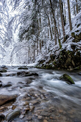 Forest mountain stream in winter. "Hylaty" brook in the Bieszczady Mountains in Carpathians.