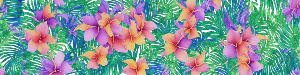 Watercolor flowers - generative AI image of a beautiful watercolor banner with colorful tropical flowers