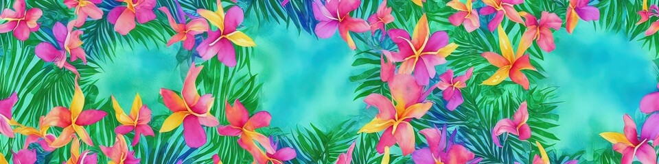Watercolor flowers - generative AI image of a beautiful watercolor banner with colorful tropical flowers
