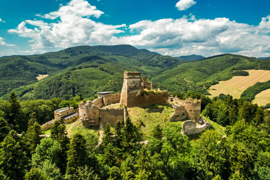 An aerial view of the medieval Zborov Castle, Slovakia