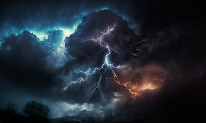 Storm and lightning at night. Thunderstorm light the dark cloudy sky, AI generative 